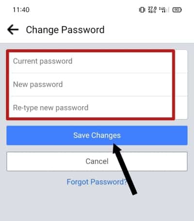 change facebook password via facebook app